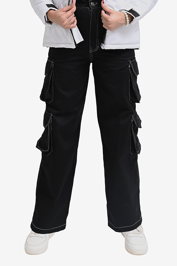 Winteez Black Wide Leg Jeans Style Cargo Pants - Image 3