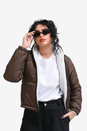 Winteez Women's Sherpa Lined Hooded Cropped Puffer Jacket
